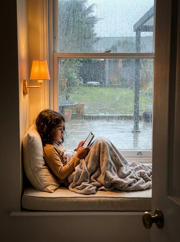 Child reading in window seat