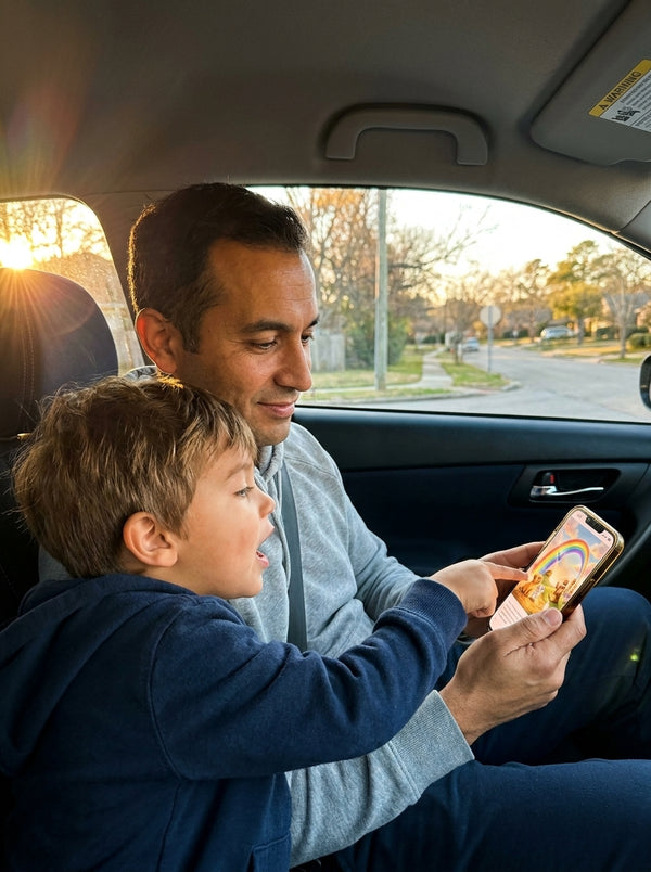 Child reading with dog and toys
