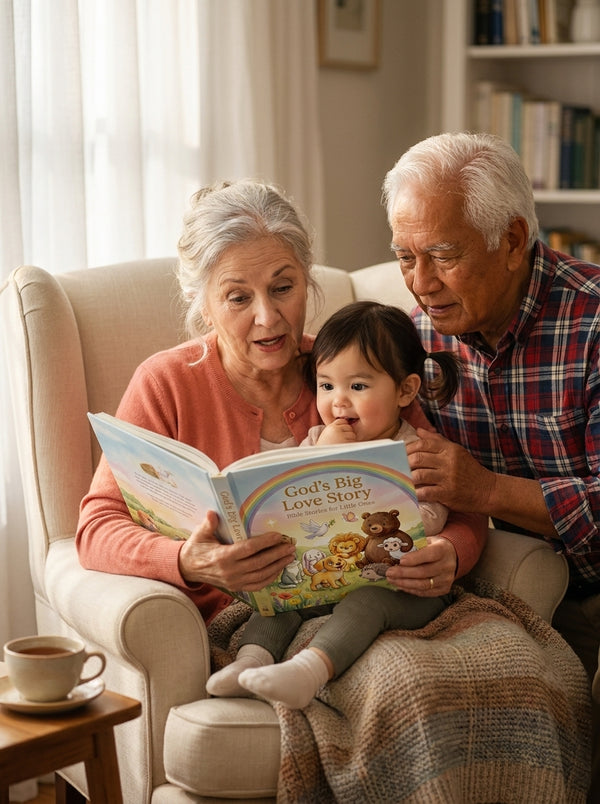 Grandparents reading with grandchild