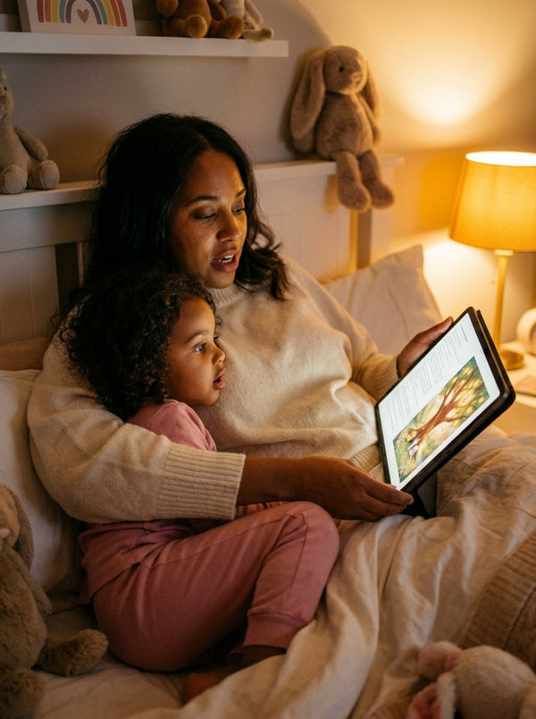 Family reading God's Big Love Story at bedtime
